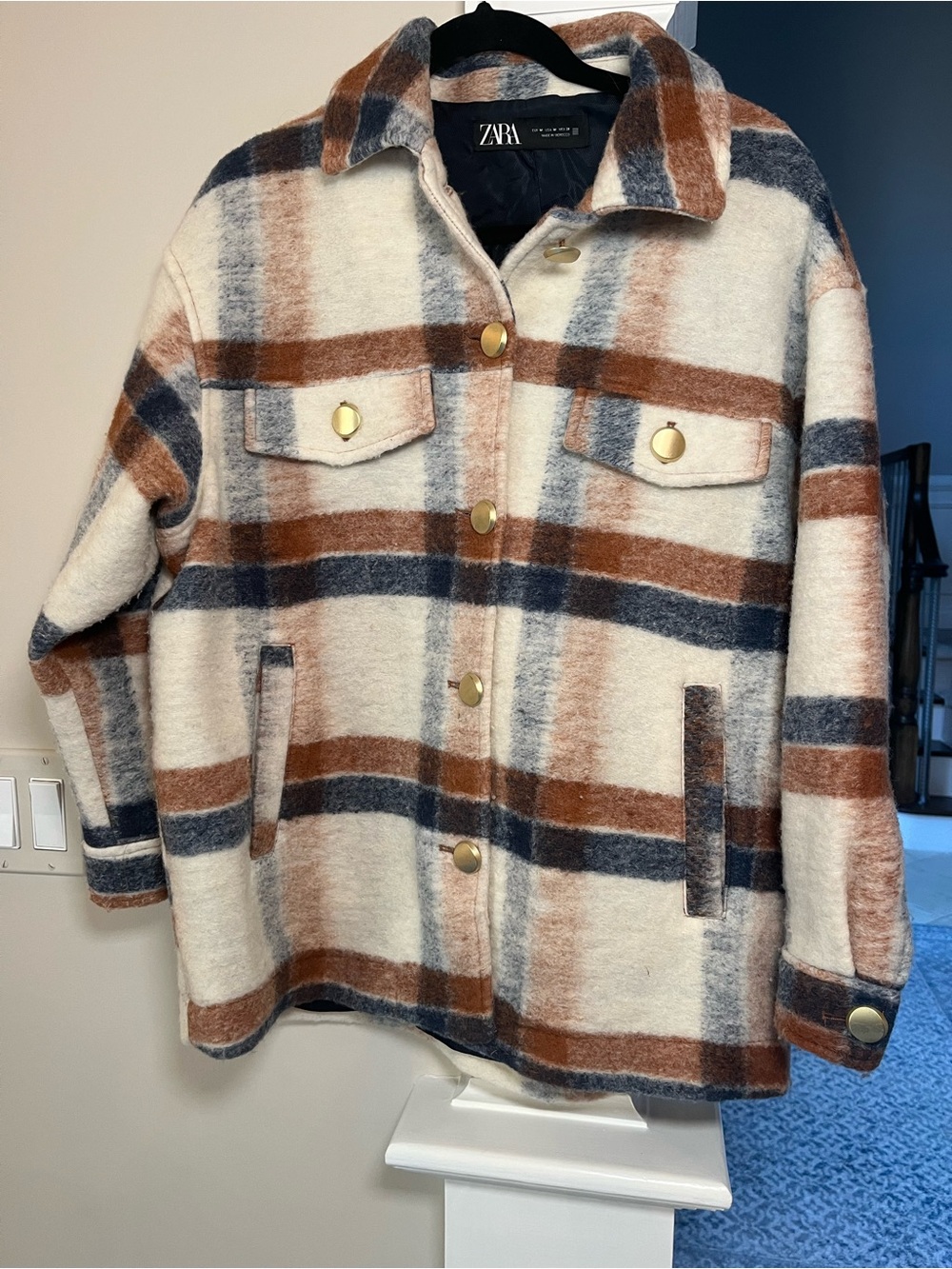 Zara Cream Plaid Utility Shacket with Brown & Navy Stripes